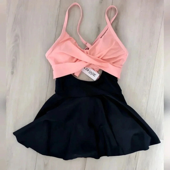AIMAGE | Women's Peach/Black Push-up Twist Front One Piece Skirt Swimsuit - Picture 2 of 6